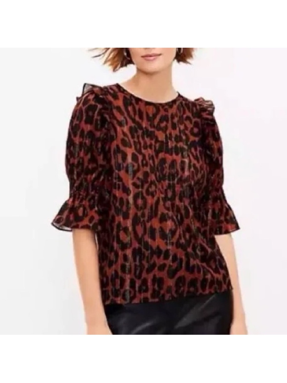 LOFT Rust and Black Leopard Puff-Sleeve Blouse